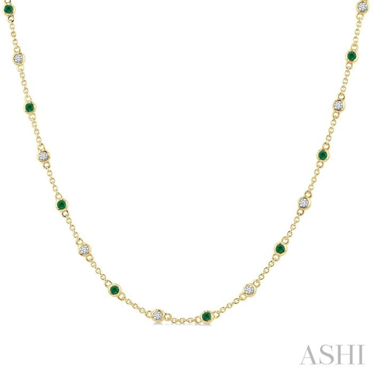 1.9 MM Round Shape Emerald and 1/2 Ctw Round Cut Diamond Precious Station Necklace in 14K Yellow Gold