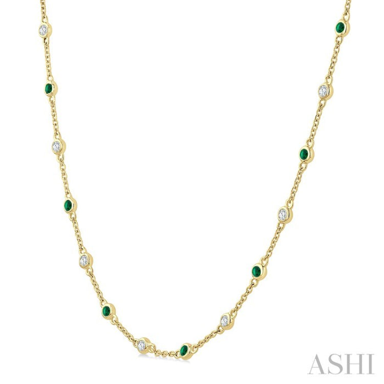 1.9 MM Round Shape Emerald and 1/2 Ctw Round Cut Diamond Precious Station Necklace in 14K Yellow Gold