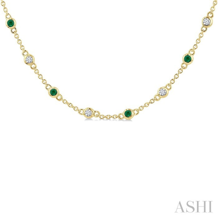 1.9 MM Round Shape Emerald and 1/2 Ctw Round Cut Diamond Precious Station Necklace in 14K Yellow Gold