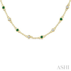 1.9 MM Round Shape Emerald and 1/2 Ctw Round Cut Diamond Precious Station Necklace in 14K Yellow Gold