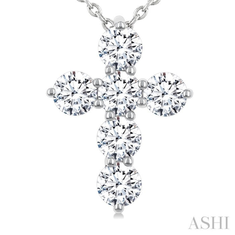 1 Ctw 6-Stone Round Cut Diamond Fashion Cross Pendant With Chain in 14K White Gold