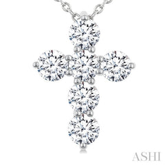 1 Ctw 6-Stone Round Cut Diamond Fashion Cross Pendant With Chain in 14K White Gold