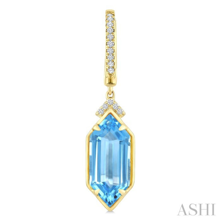 14X6 MM Evoque Gemstones Hexagon Shape Blue Topaz and 1/6 Ctw Round Cut Diamond Semi-Precious Earrings in 14K Yellow Gold