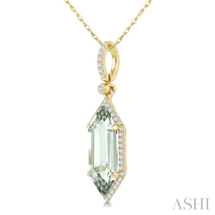 16X6 MM Evoque Gemstone Hexagon Shape Green Amethyst and 1/5 Ctw Round Cut Diamond Semi-Precious Pendant With Chain in 10K Yellow Gold
