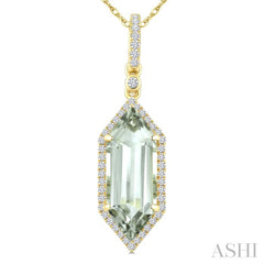 16X6 MM Evoque Gemstone Hexagon Shape Green Amethyst and 1/5 Ctw Round Cut Diamond Semi-Precious Pendant With Chain in 10K Yellow Gold