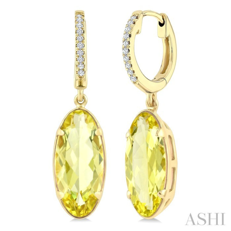 12X5 MM Evoque Gemstones Oval Shape Lemon Quartz and 1/10 Ctw Round Cut Diamond Semi-Precious Earrings in 10K Yellow Gold