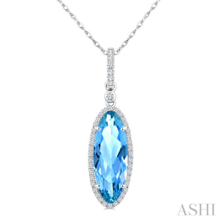 16X6 MM Evoque Gemstones Oval Shape Blue Topaz and 1/5 Ctw Round Cut Diamond Semi-Precious Pendant With Chain in 10K White Gold