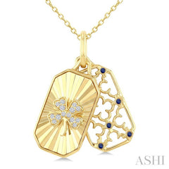 1 MM Round Sapphire and 1/20 Ctw Fluted Texture & Clover Round Cut Diamond  Precious Pendant With Chain in 10K Yellow Gold