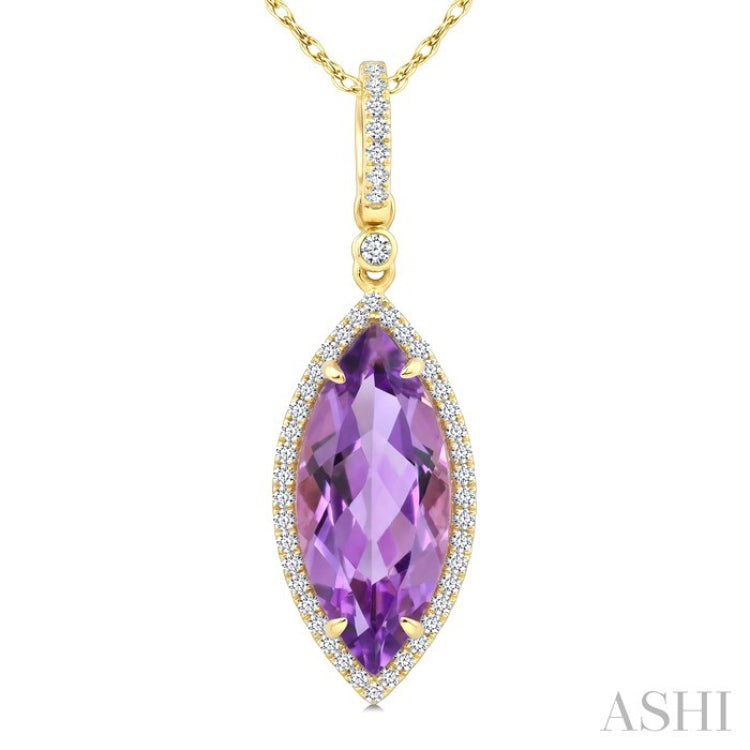 16X7 MM Evoque Gemstones Marquise Shape Amethyst and 1/5 Ctw Round Cut Diamond Semi-Precious Pendant With Chain in 10K Yellow Gold