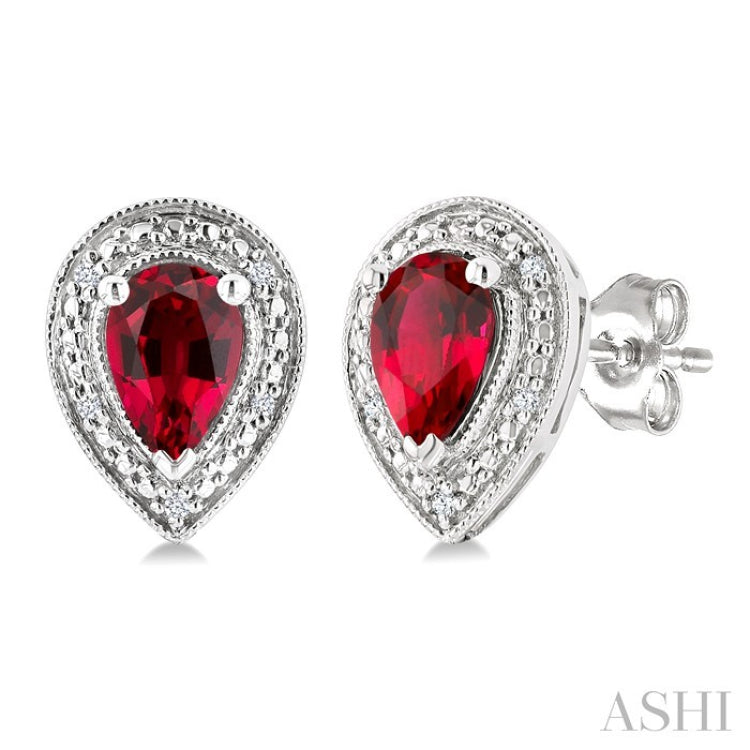 6X4 MM Pear Shape Lab-Created Ruby and 1/50 Ctw Round Cut Diamond Precious Earrings in Sterling Silver