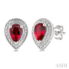6X4 MM Pear Shape Lab-Created Ruby and 1/50 Ctw Round Cut Diamond Precious Earrings in Sterling Silver