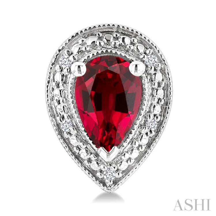 6X4 MM Pear Shape Lab-Created Ruby and 1/50 Ctw Round Cut Diamond Precious Earrings in Sterling Silver