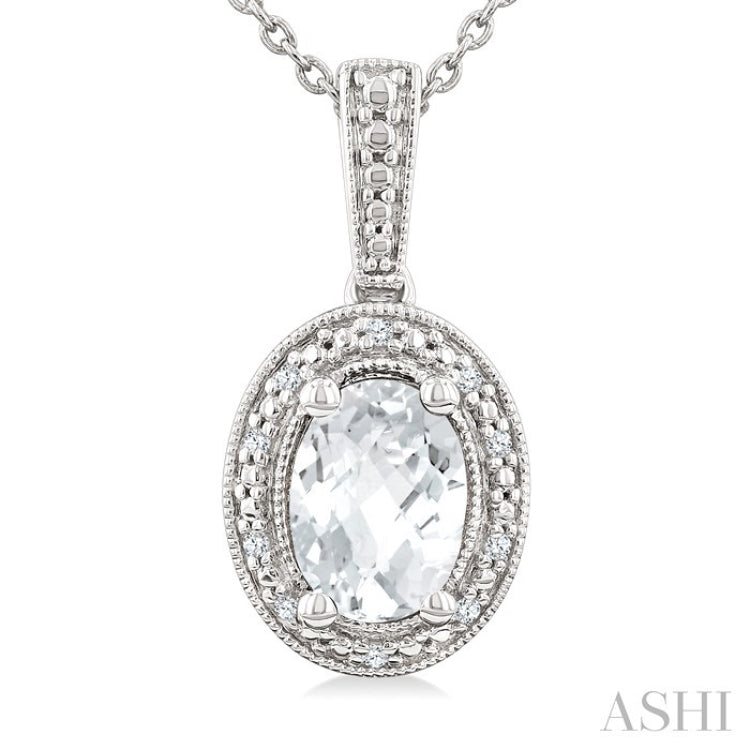 6X4 MM Oval Shape White Topaz and 1/50 Ctw Round Cut Diamond Semi-Precious Pendant With Chain in Sterling Silver