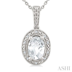 6X4 MM Oval Shape White Topaz and 1/50 Ctw Round Cut Diamond Semi-Precious Pendant With Chain in Sterling Silver