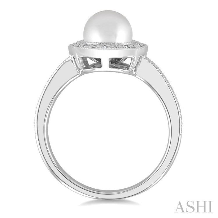 7MM Cultured Pearl and 1/50 Ctw Round Cut Diamond Halo Ring in Sterling Silver