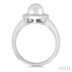 7MM Cultured Pearl and 1/50 Ctw Round Cut Diamond Halo Ring in Sterling Silver