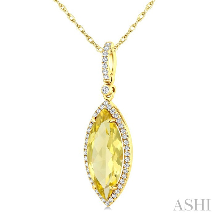 16X7 MM Evoque Gemstones Marquise Shape Lemon Quartz and 1/5 Ctw Round Cut Diamond Semi-Precious Pendant With Chain in 10K Yellow Gold