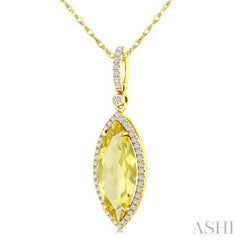16X7 MM Evoque Gemstones Marquise Shape Lemon Quartz and 1/5 Ctw Round Cut Diamond Semi-Precious Pendant With Chain in 10K Yellow Gold