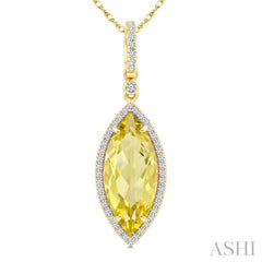 16X7 MM Evoque Gemstones Marquise Shape Lemon Quartz and 1/5 Ctw Round Cut Diamond Semi-Precious Pendant With Chain in 10K Yellow Gold