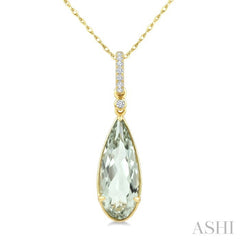 16X6 MM Evoque Gemstone Pear Shape Green Amethyst and 1/20 Ctw Round Cut Diamond Semi-Precious Pendant With Chain in 10K Yellow Gold