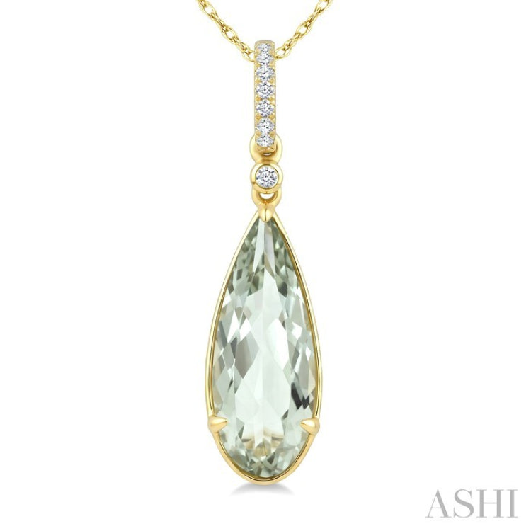 16X6 MM Evoque Gemstone Pear Shape Green Amethyst and 1/20 Ctw Round Cut Diamond Semi-Precious Pendant With Chain in 10K Yellow Gold