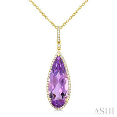 22X8 MM Evoque Gemstones Pear Shape Amethyst and 1/4 Ctw Round Cut Diamond Semi-Precious Pendant With Chain in 14K Yellow Gold