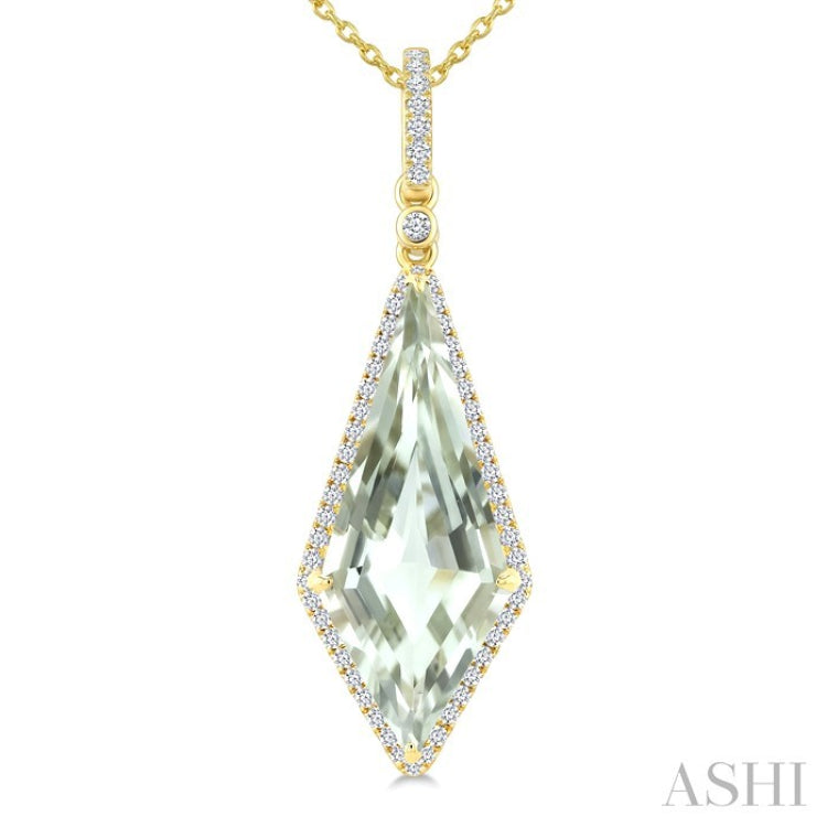 22X9 MM Evoque Gemstone Kite Shape Green Amethyst and 1/4 Ctw Round Cut Diamond Semi-Precious Pendant With Chain in 14K Yellow Gold