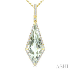 22X9 MM Evoque Gemstone Kite Shape Green Amethyst and 1/4 Ctw Round Cut Diamond Semi-Precious Pendant With Chain in 14K Yellow Gold