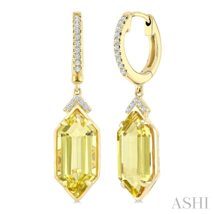 14X6 MM Evoque Gemstones Hexagon Shape Lemon Quartz and 1/6 Ctw Round Cut Diamond Semi-Precious Earrings in 14K Yellow Gold