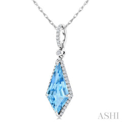 16X7 MM Evoque Gemstones Kite Shape Blue Topaz and 1/5 Ctw Round Cut Diamond Semi-Precious Pendant With Chain in 10K White Gold