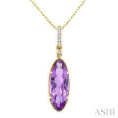 16X6 MM Evoque Gemstones Oval Shape Amethyst and 1/20 Ctw Round Cut Diamond Semi-Precious Pendant With Chain in 10K Yellow Gold