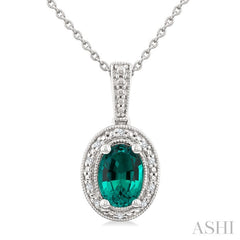 7X5 MM Oval Shape Lab-Created Emerald and 1/50 Ctw Round Cut Diamond Precious Pendant With Chain in Sterling Silver