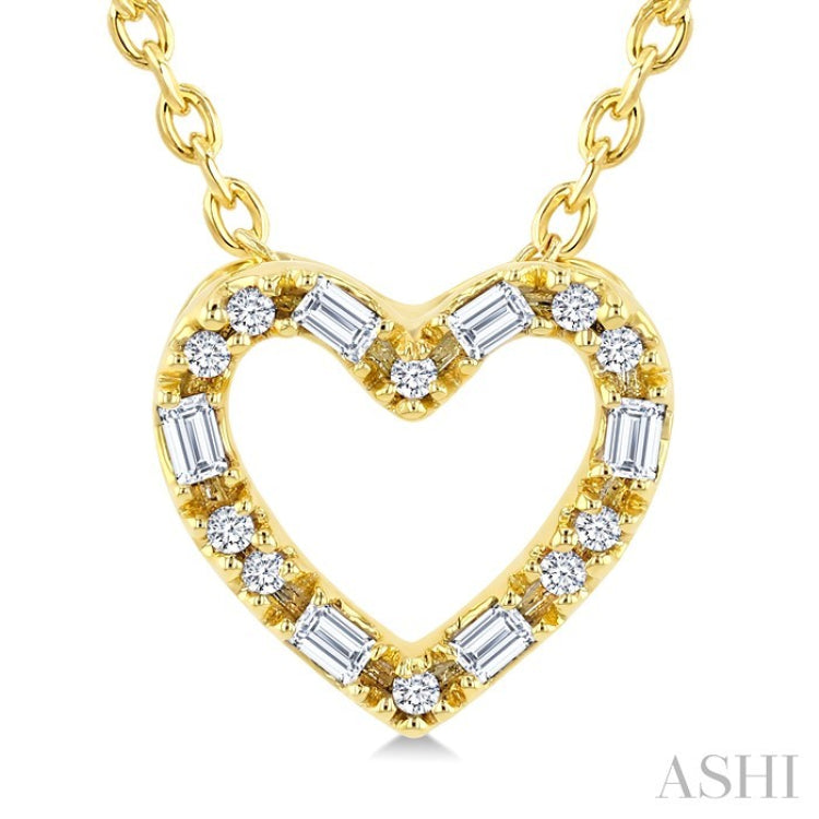 1/10 Ctw Baguette and Round Cut Diamond  Heart Shape Fashion Pendant With Chain in 10K Yellow Gold