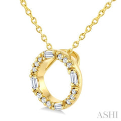1/10 Ctw Baguette and Round Cut Diamond  Circle Shape Fashion Pendant With Chain in 10K Yellow Gold
