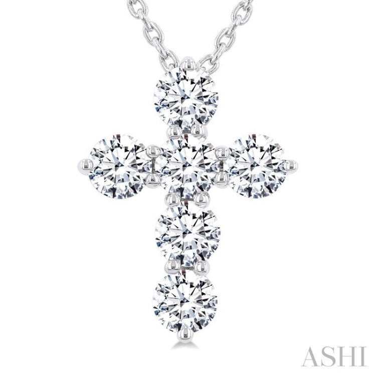 3/4 Ctw Round Cut Diamond Christian Cross 6-Stone Fashion Pendant With Chain in 14K White Gold