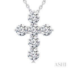 3/4 Ctw Round Cut Diamond Christian Cross 6-Stone Fashion Pendant With Chain in 14K White Gold