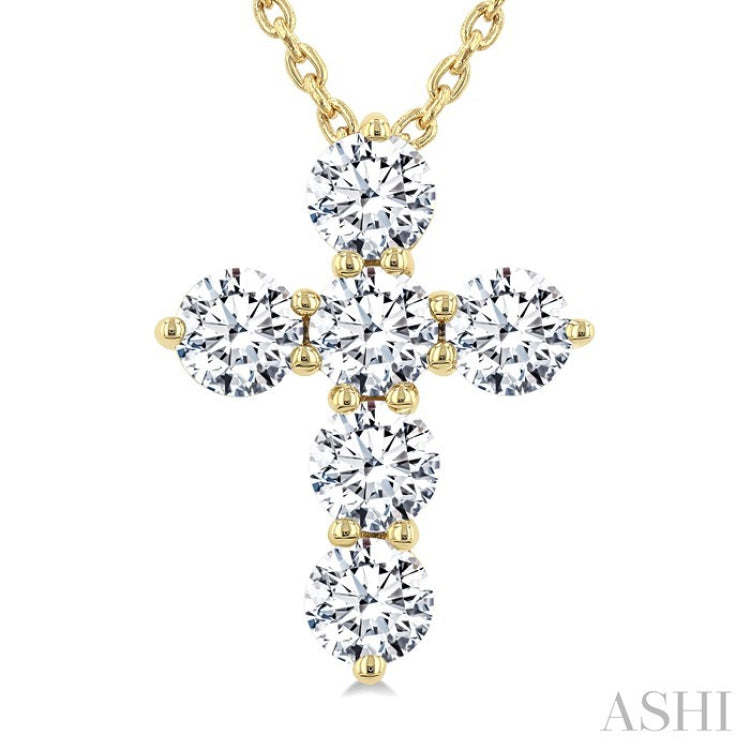 3/4 Ctw Round Cut Diamond Christian Cross 6-Stone Fashion Pendant With Chain in 14K Yellow Gold