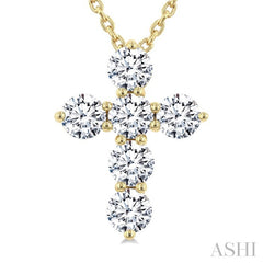 3/4 Ctw Round Cut Diamond Christian Cross 6-Stone Fashion Pendant With Chain in 14K Yellow Gold
