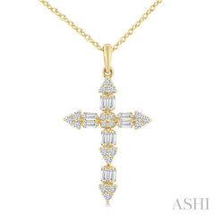 1/3 Ctw Baguette and Round Cut Diamond Geometric Cross Charm Fashion Pendant With Chain in 14K Yellow Gold