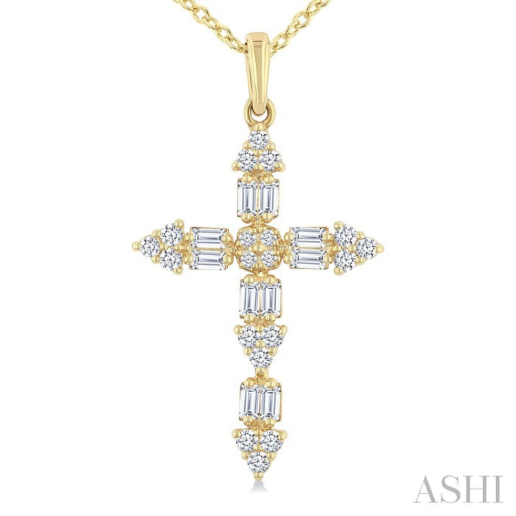 1/3 Ctw Baguette and Round Cut Diamond Geometric Cross Charm Fashion Pendant With Chain in 14K Yellow Gold