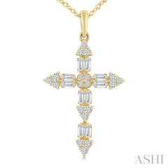 1/3 Ctw Baguette and Round Cut Diamond Geometric Cross Charm Fashion Pendant With Chain in 14K Yellow Gold