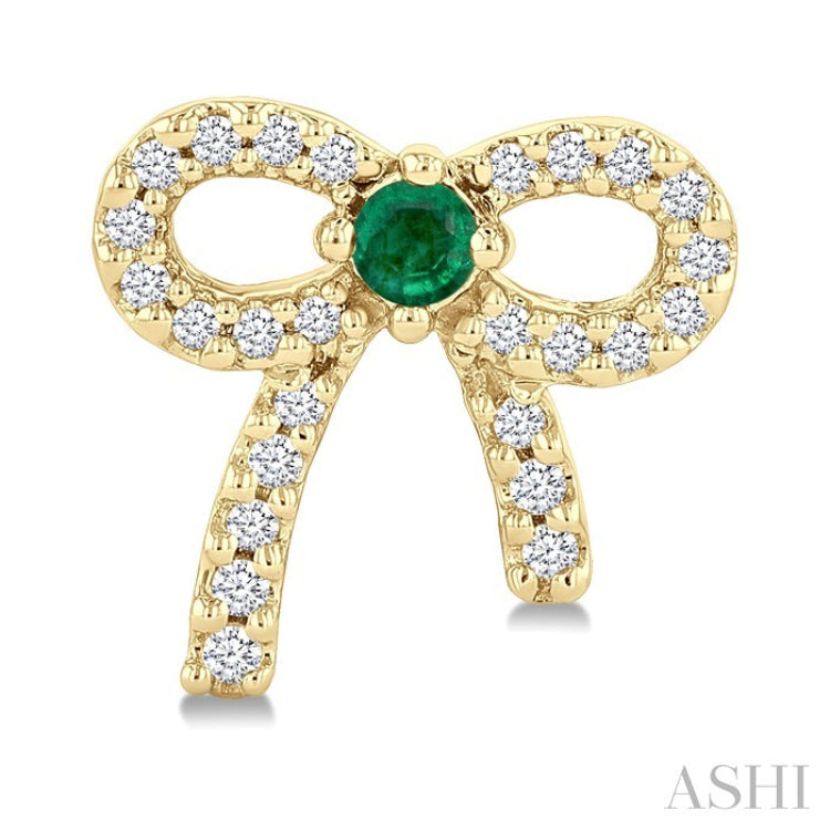 2MM Round Cut Emerald and 1/6 Ctw Round Cut Diamond Bow Petite Precious Fashion Earrings in 10K Yellow Gold