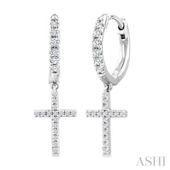 1/3 Ctw Round Cut Diamond Cross Charm Petite Fashion Huggie Earrings in 14K White Gold