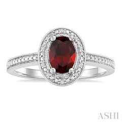 7X5 MM Oval Shape Garnet and 1/50 Ctw Round Cut Diamond Semi-Precious Ring in Sterling Silver
