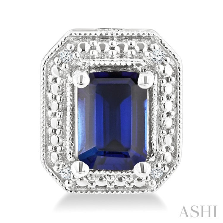 6X4 MM Octagon Shape Lab-Created Sapphire and 1/50 Ctw Round Cut Diamond Precious Earrings in Sterling Silver