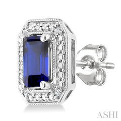 6X4 MM Octagon Shape Lab-Created Sapphire and 1/50 Ctw Round Cut Diamond Precious Earrings in Sterling Silver