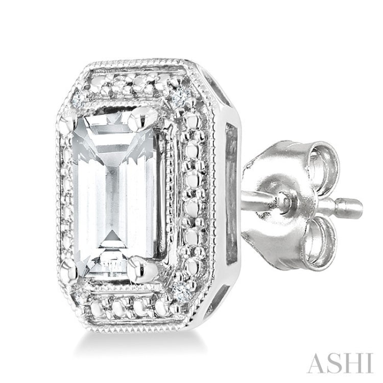 6X4 MM Octagon Shape White Topaz and 1/50 Ctw Round Cut Diamond Semi-Precious Earrings in Sterling Silver