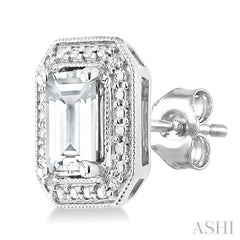 6X4 MM Octagon Shape White Topaz and 1/50 Ctw Round Cut Diamond Semi-Precious Earrings in Sterling Silver