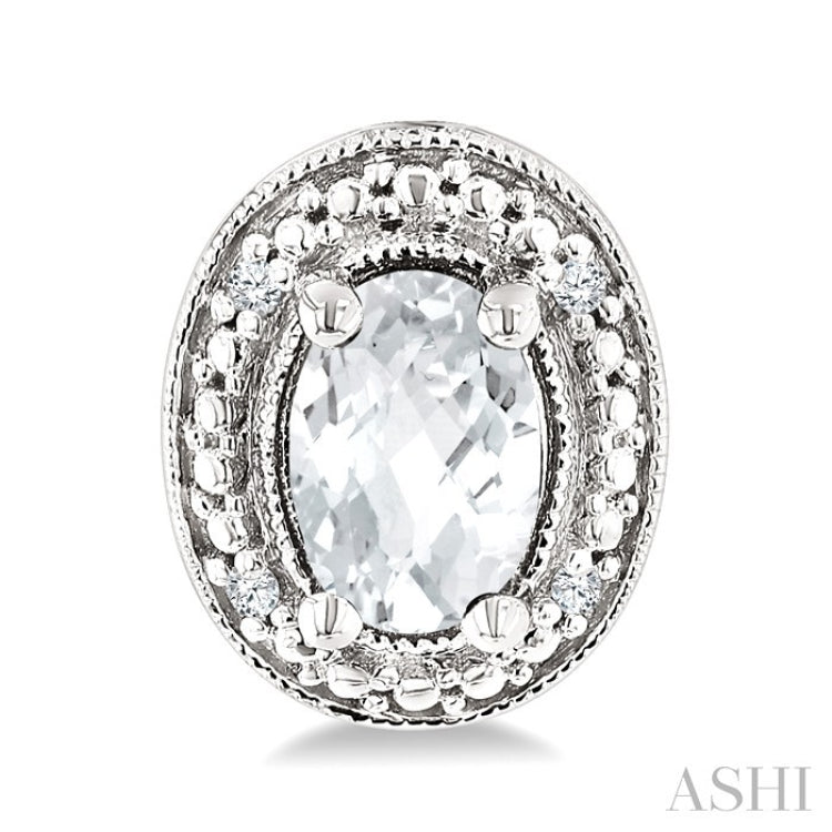 6X4 MM Oval Shape White Topaz and 1/50 Ctw Round Cut Diamond Semi-Precious Earrings in Sterling Silver
