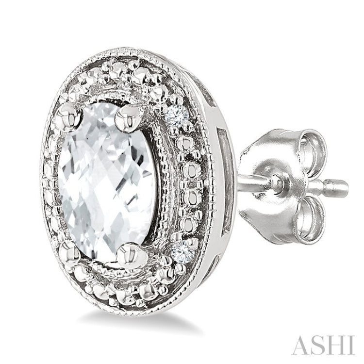 6X4 MM Oval Shape White Topaz and 1/50 Ctw Round Cut Diamond Semi-Precious Earrings in Sterling Silver